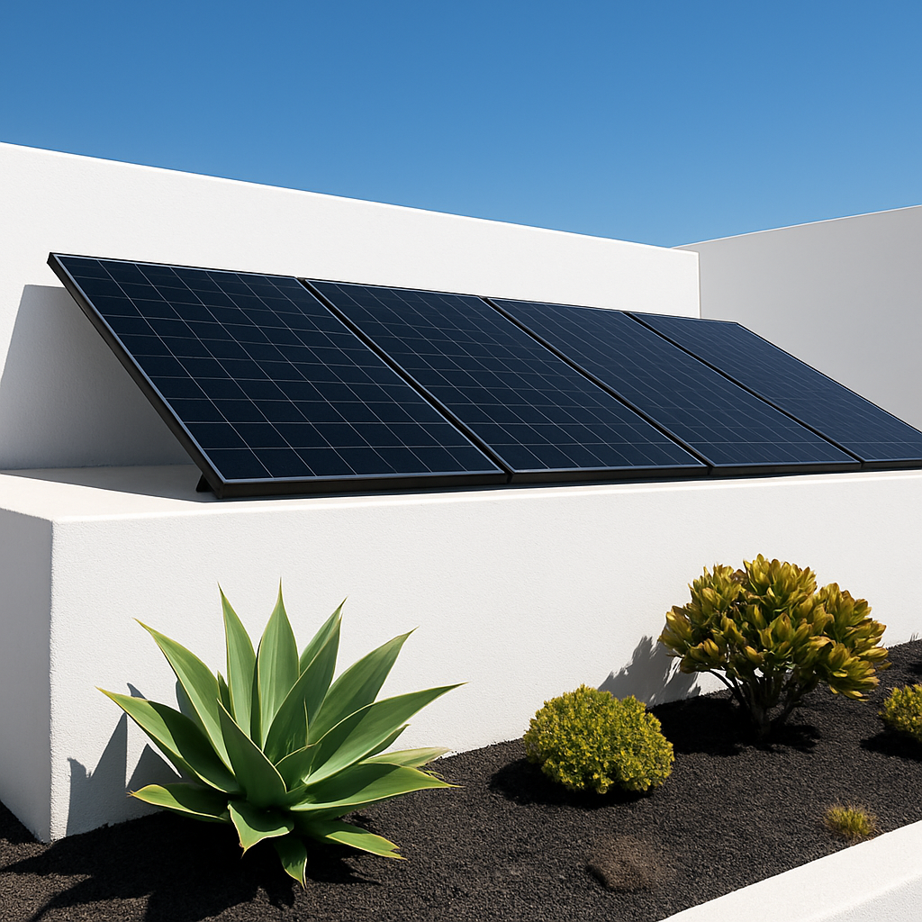 Instalación discreta de paneles solares en el tejado de un hotel en Lanzarote con cero impacto paisajístico